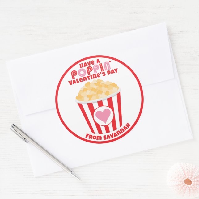 Popcorn Valentine Sticker, Popcorn Favor Classic Round Sticker (Envelope)