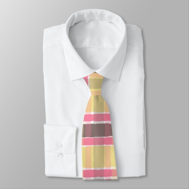 Popcorn Yellow Bubblegum Pink Coffee Brown Plaid  Neck Tie (Tied)