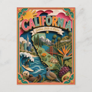 PopCut States California Colorful 3D Paper Art Postcard