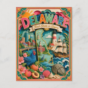 PopCut States Delaware Colorful 3D Paper Art Postcard