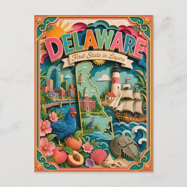 PopCut States Delaware Colorful 3D Paper Art Postcard (Front)