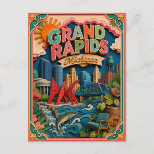 PopCut States Grand Rapids Michigan Paper Art Postcard
