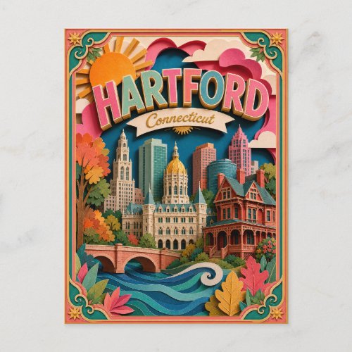 PopCut States Hartford Connecticut Paper Art Postcard