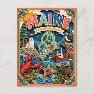 PopCut States Maine Colorful 3D Paper Art Postcard