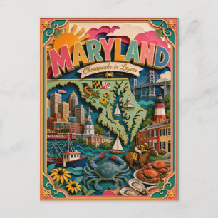 PopCut States Maryland Colorful 3D Paper Art Postcard