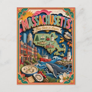 PopCut States Massachusetts Colorful 3D Paper Art Postcard