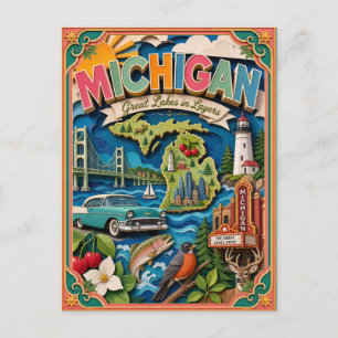 PopCut States Michigan Colorful 3D Paper Art Postcard