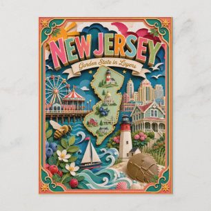 PopCut States New Jersey Colorful 3D Paper Art Postcard