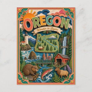 PopCut States Oregon Colorful 3D Paper Art Postcard