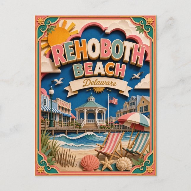 PopCut States Rehoboth Beach Delaware Paper Art Postcard (Front)