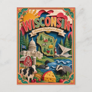 PopCut States Wisconsin Colorful 3D Paper Art Postcard