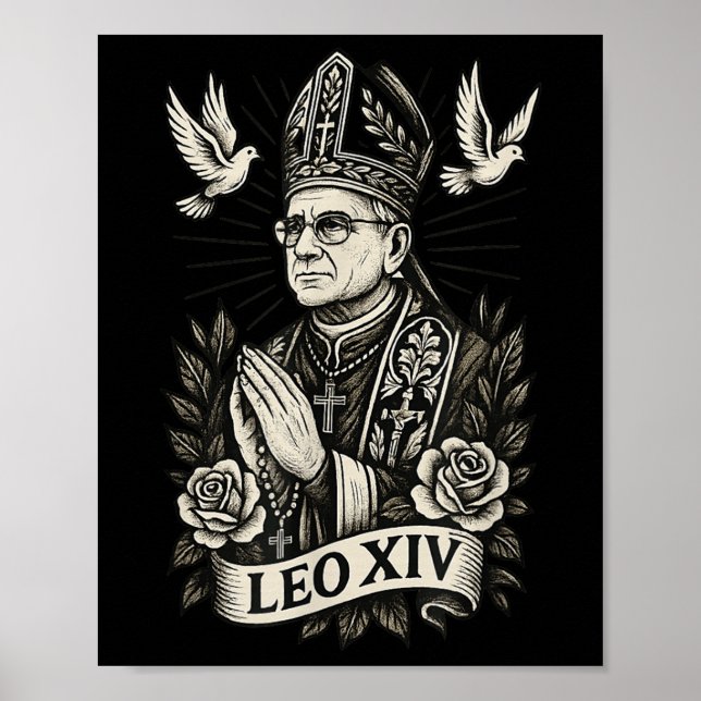 Pope Leo Xiv - Catholic Tattoo Style Christian Des Poster (Front)