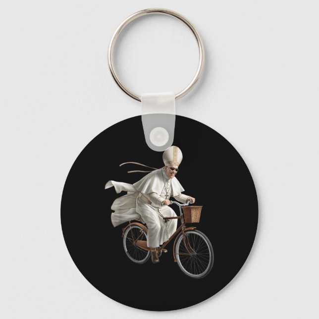 Pope Riding Bike Bicycle Catholic Church Bible Scr Keychain (Front)