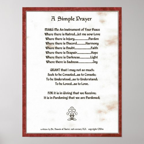 POPEST FRANCISA SIMPLE PRAYER for PEACE PRAYER Poster