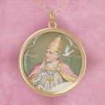 Pope St. Gregory the Great (M 067) Gold Plated Necklace<br><div class="desc">On 3 September 590, a fiftyish Benedictine monk was elected 64th Pope by unanimous acclamation. He was to become known as Pope St. Gregory the Great (c. 540-12 March 604). Here, St. Gregory is shown wearing formal papal regalia—a gold triple crown tiara, an elaborate pectoral cross, and a purplish pink...</div>
