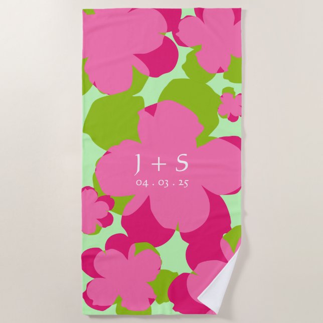 Popflower Pink/Green Beach Towel (Front)