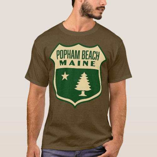 Popham Beach Maine Retro Pine Tree Shield Tan T_Shirt