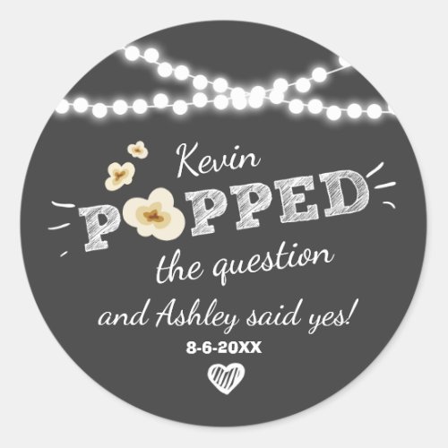 Popped the Question Engagement Wedding Popcorn Classic Round Sticker