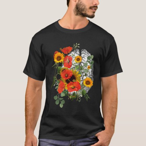 Poppie sunflowers Color human brain watercolor T_Shirt