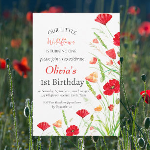 Poppies 1st First Birthday Girl Red Floral  Invitation