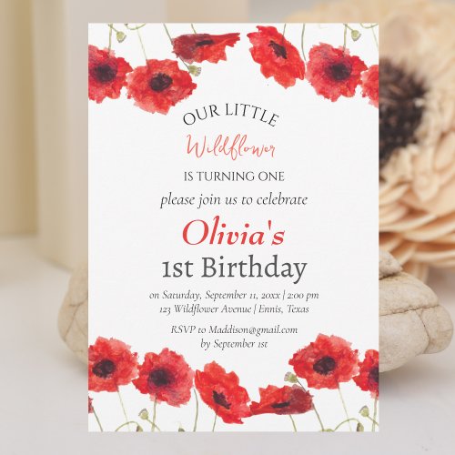 Poppies 1st First Birthday Girl Red Floral  Invitation