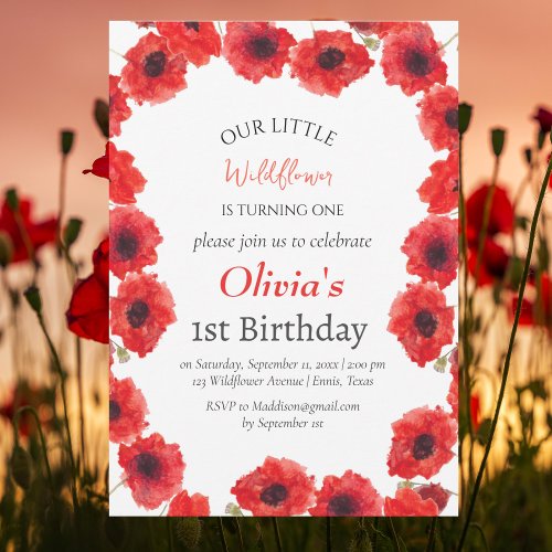 Poppies 1st First Birthday Girl Red Floral  Invitation