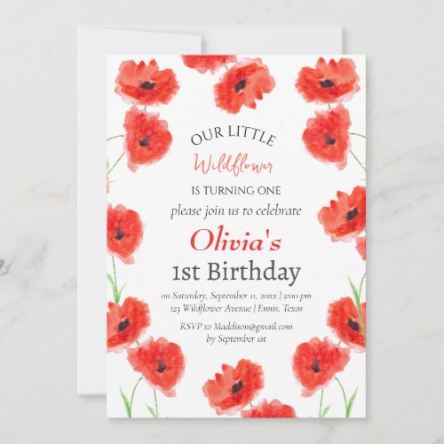 Poppies 1st First Birthday Girl Red Floral  Invitation