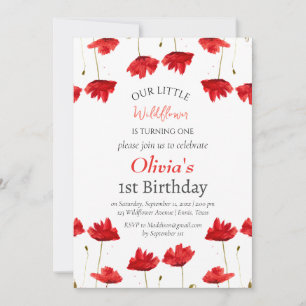 Poppies 1st First Birthday Girl Red Floral Invitation