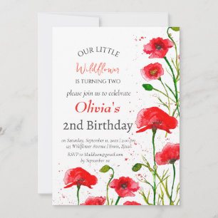 Poppies 2nd Second Birthday Girl Red Floral Invitation
