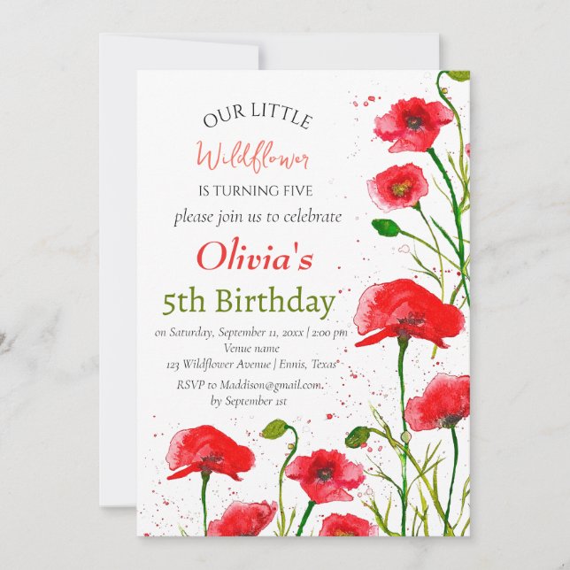 Poppies 5th Birthday Girl Red Floral Poppy Invitation (Front)