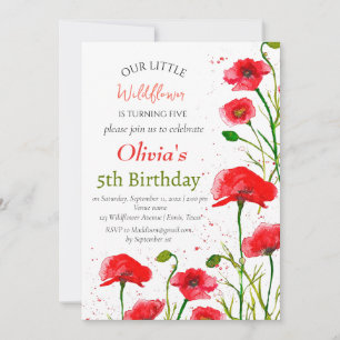 Poppies 5th Birthday Girl Red Floral Poppy Invitation