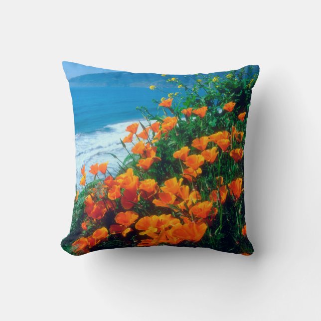 Poppies along the Pacific Coast near Big Sur Throw Pillow (Front)