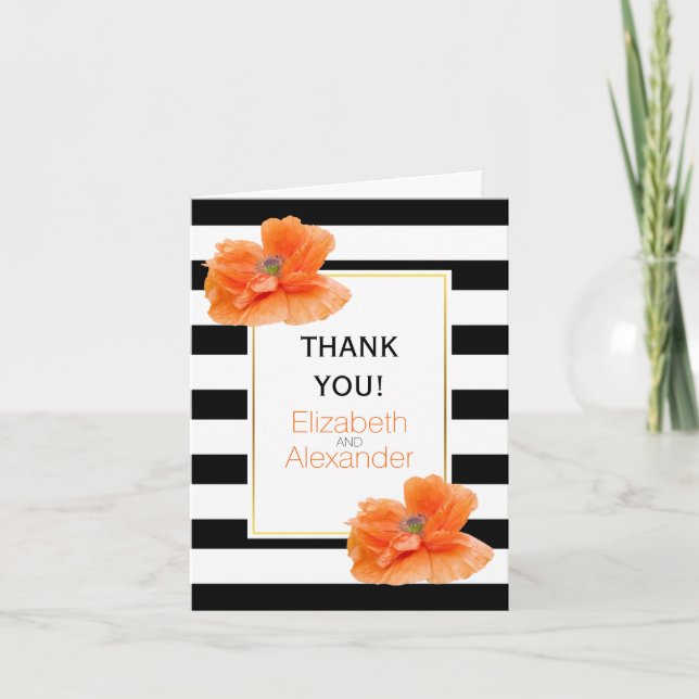 Poppies and black white stripes wedding Thank You Card (Front)