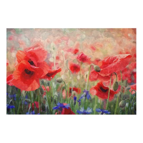 Poppies and Blue Corn Flowers Watercolour Painting Wood Wall Art