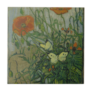 Poppies and Butterflies by Vincent Van Gogh Ceramic Tile
