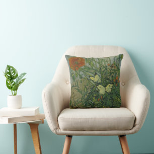 Poppies and Butterflies by Vincent Van Gogh Throw Pillow