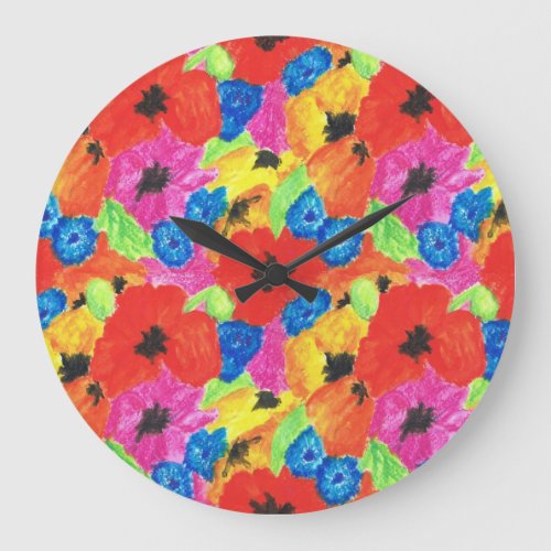 Poppies and Cornflowers Bright Floral Pattern Large Clock