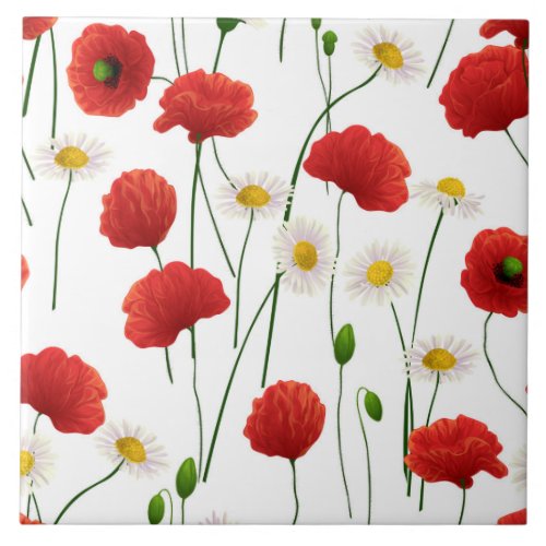 Poppies and daisies ceramic tile