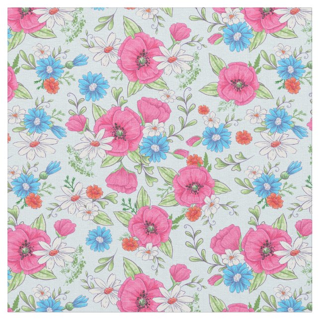 Poppies and Daisies Fabric (Close Up)