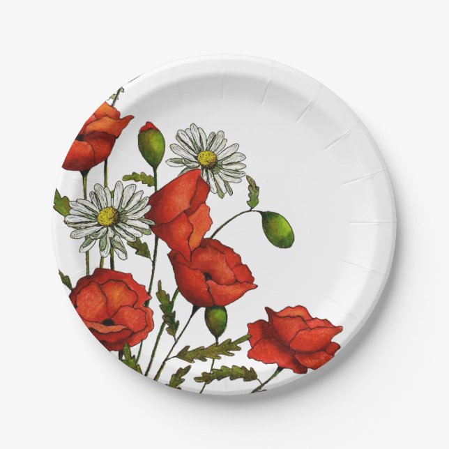 Poppies and Daisies: Floral Art, Flowers Paper Plates (Front)