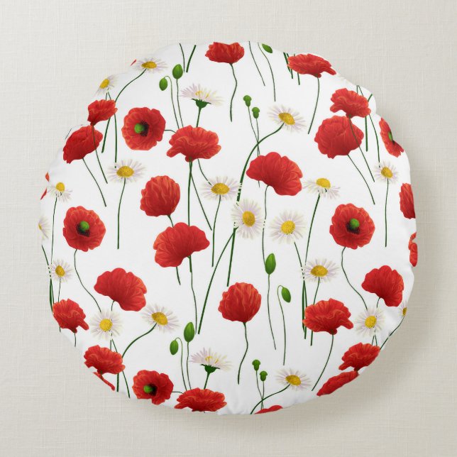 Poppies and daisies round pillow (Front)