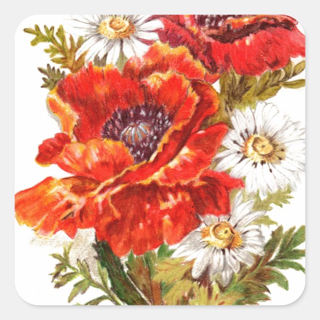 Poppies and Daisies Square Sticker (Front)