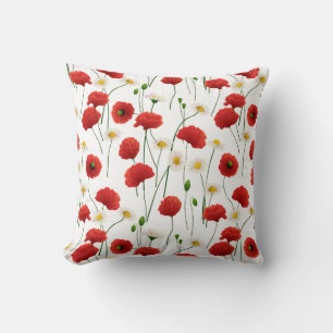 Poppies and daisies throw pillow