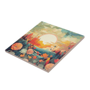 Poppies and fox tails Abstract flower field Ceramic Tile