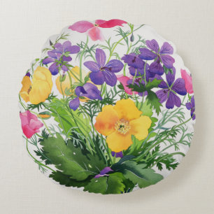 Poppies and Geraniums Round Pillow