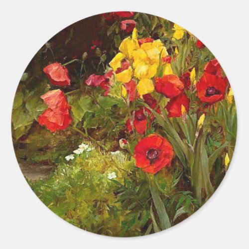 Poppies and Irises fine art painting Classic Round Sticker