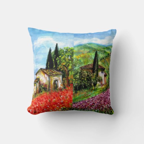 POPPIES AND IRISES IN TUSCANY LANDSCAPE THROW PILLOW