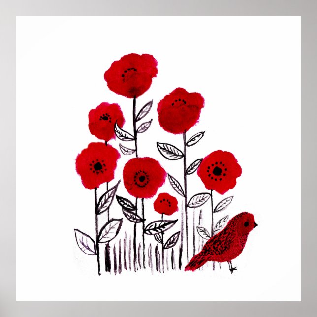 Poppies and little red bird watercolor painting poster (Front)
