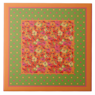 Poppies and Polka Dots Border Pattern on Green Ceramic Tile