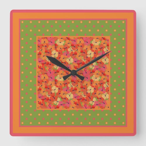 Poppies and Polka Dots on Green Square Wall Clock